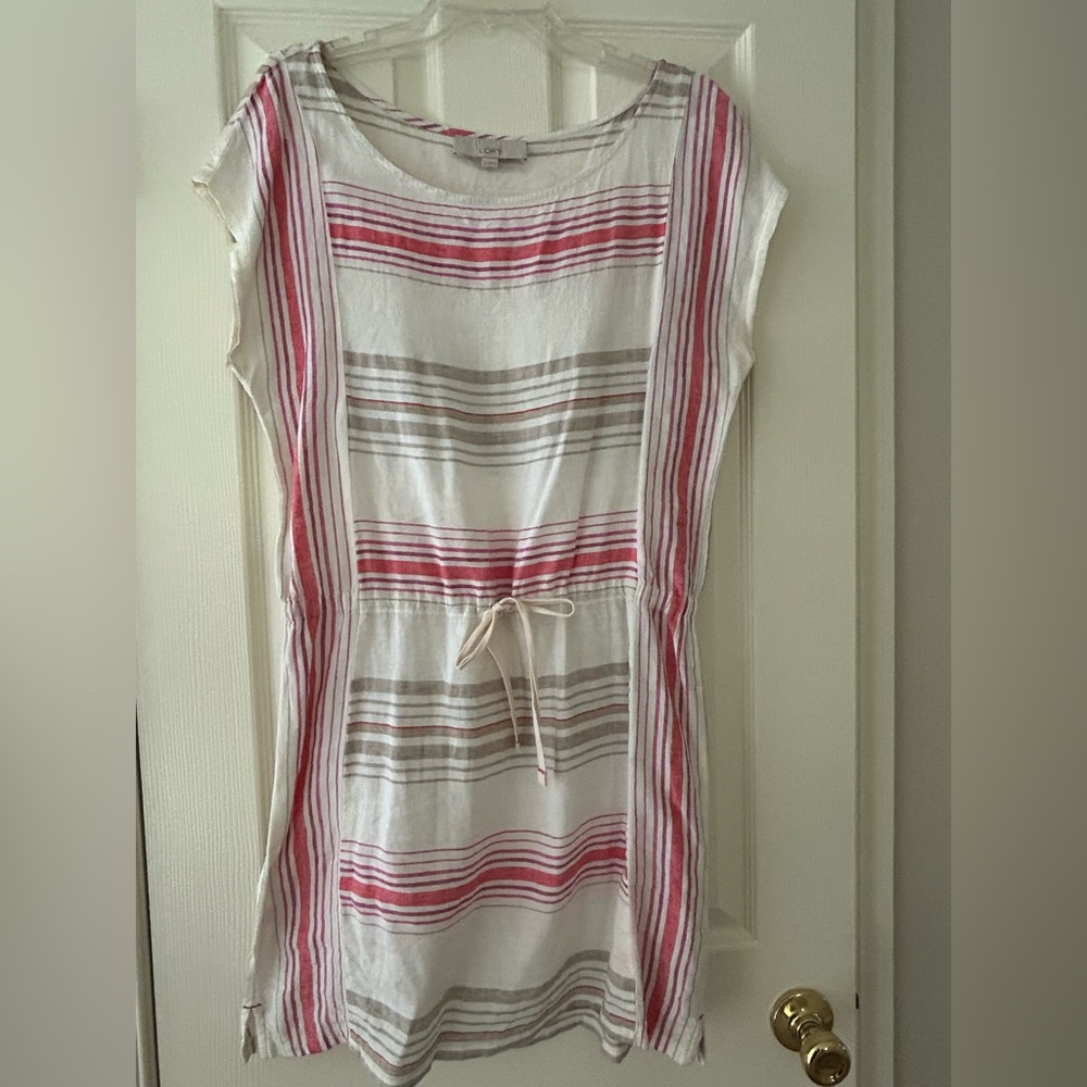 LOFT Pink and White Striped dress with drawstring waist. cotton linen-like blend
